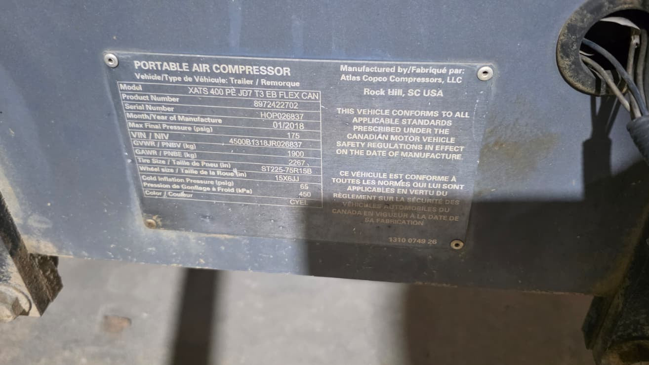 2018 ATLAS COPCO XATS 400 CFM MOBILE DIESEL AIR COMPRESSOR